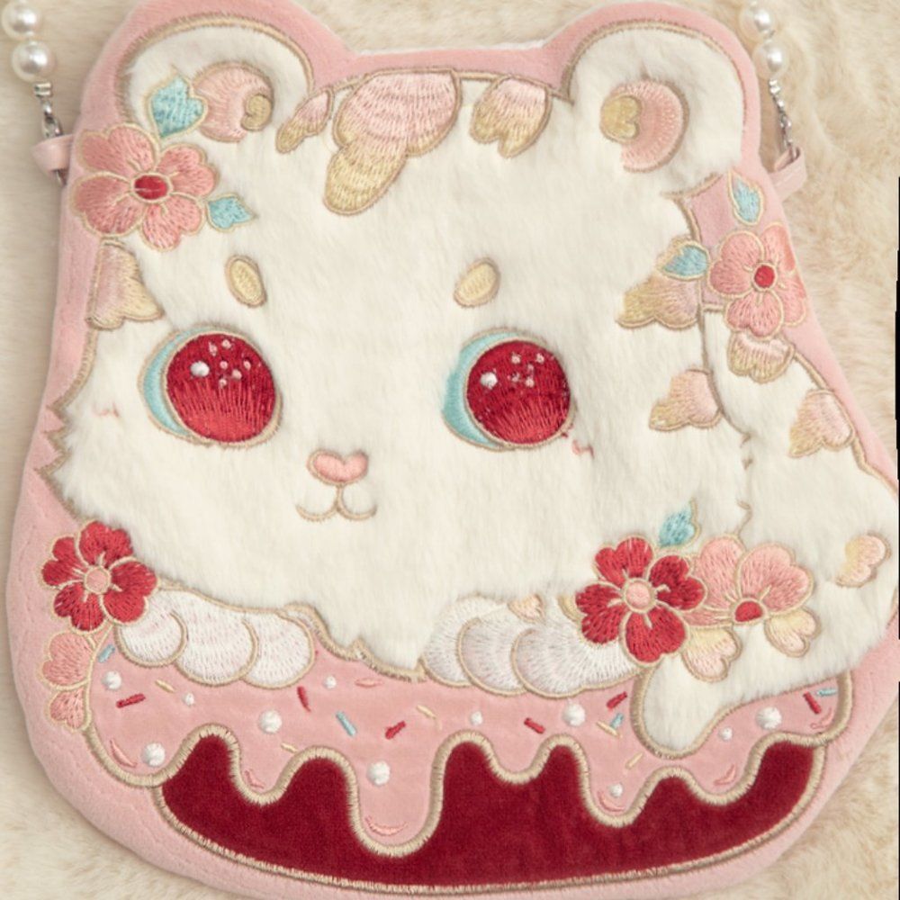 Tiger Donut Plush Floral Embroidered Shoulder Bag Lolita Clutch Purse #1156